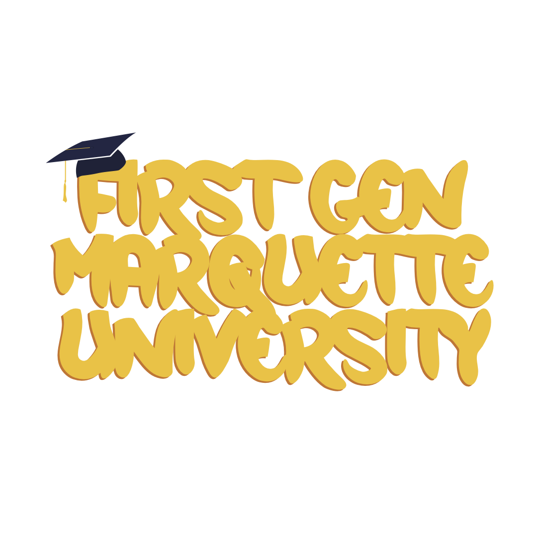 First Gen Marquette 2021 logo in yellow font with graduation cap on E in Marquette on top line.