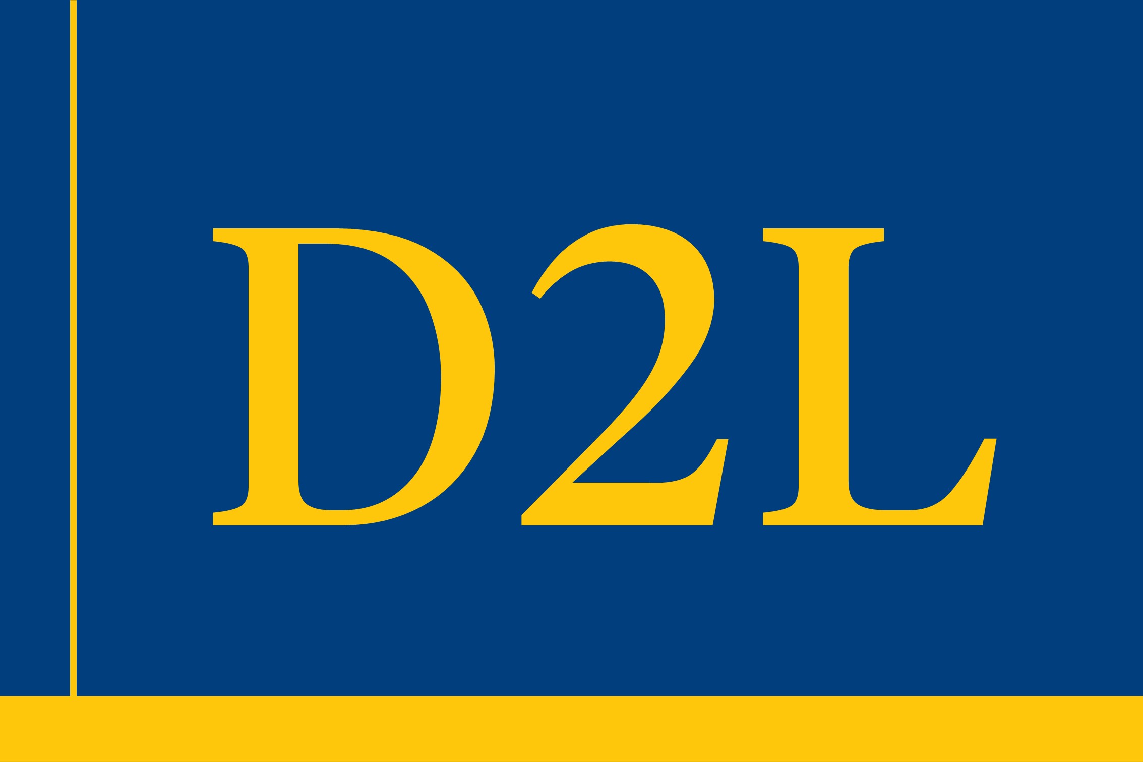 Navy blue box with gold accents and text that says "D2L"
