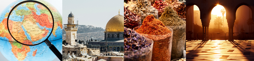 Four separate images depicting architecture, scenes, and regional boundaries of the Middle East.