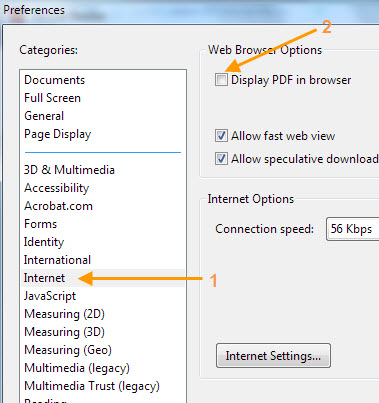 Select Internet, uncheck Display in Browser.