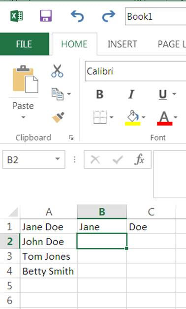An example of data in Excel where Flash Fill will be used to fill a pattern.