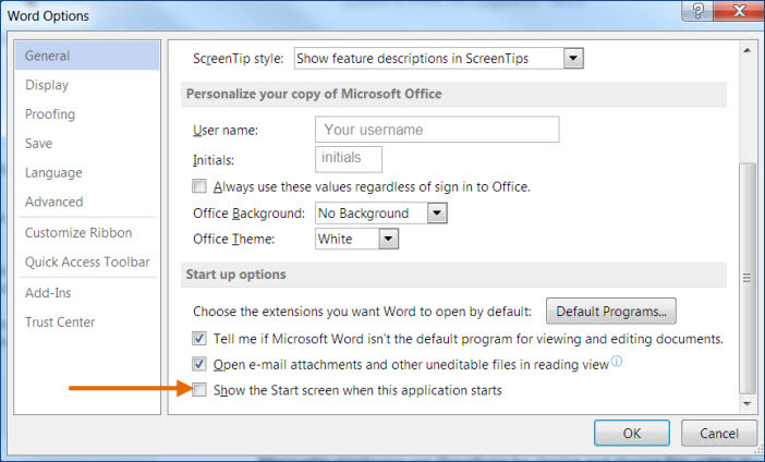 >File > Options > General and uncheck  Show the start screen ...