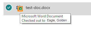 The green arrow indicates checkout - hover for information on who has it checked out.