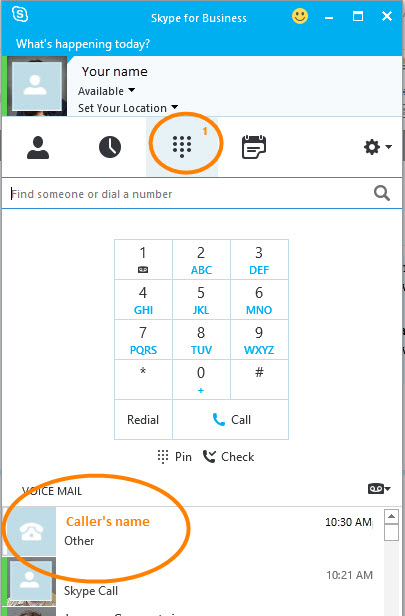 New voice mails show in the Skype for Business window.