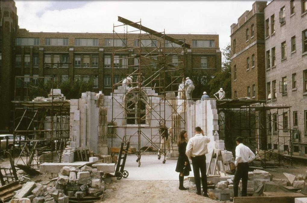 Work progresses on the reconstruction of the St. Joan of Arc Chapel at Marquette, 1966.