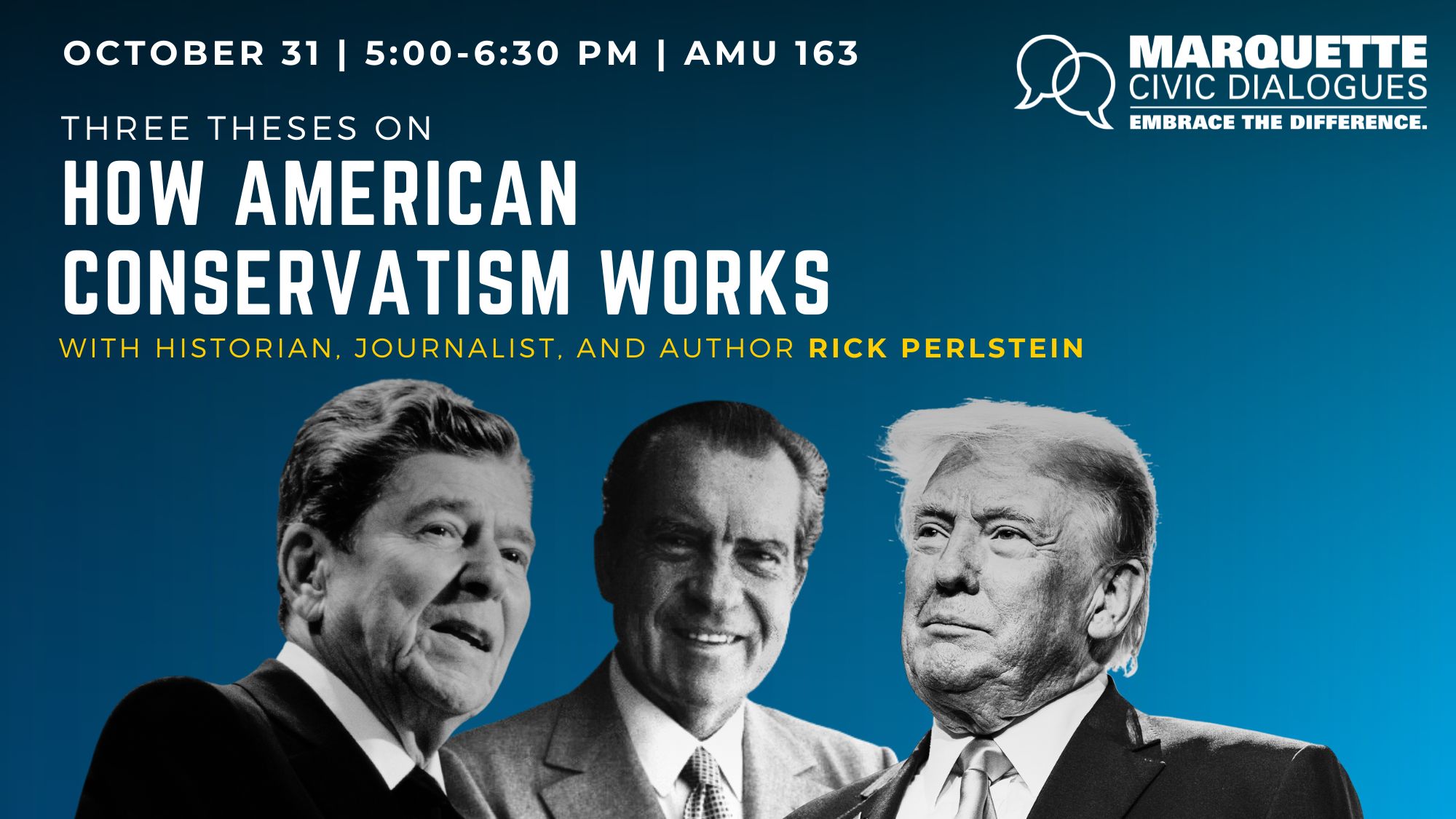 Join Marquette Civic Dialogues for a discussion with American historian and journalist Rick Perlstein for his talk " The Dog and His Mutton, the Authoritarian Ratchet, and the Janus Face:  Three Theses on How Conservatism Works."  Following Perlstein's talk, Marquette Professor Julia Azari will join the discussion for a deeper dive into the issues.  A Q&A with the audience will follow as time permits.