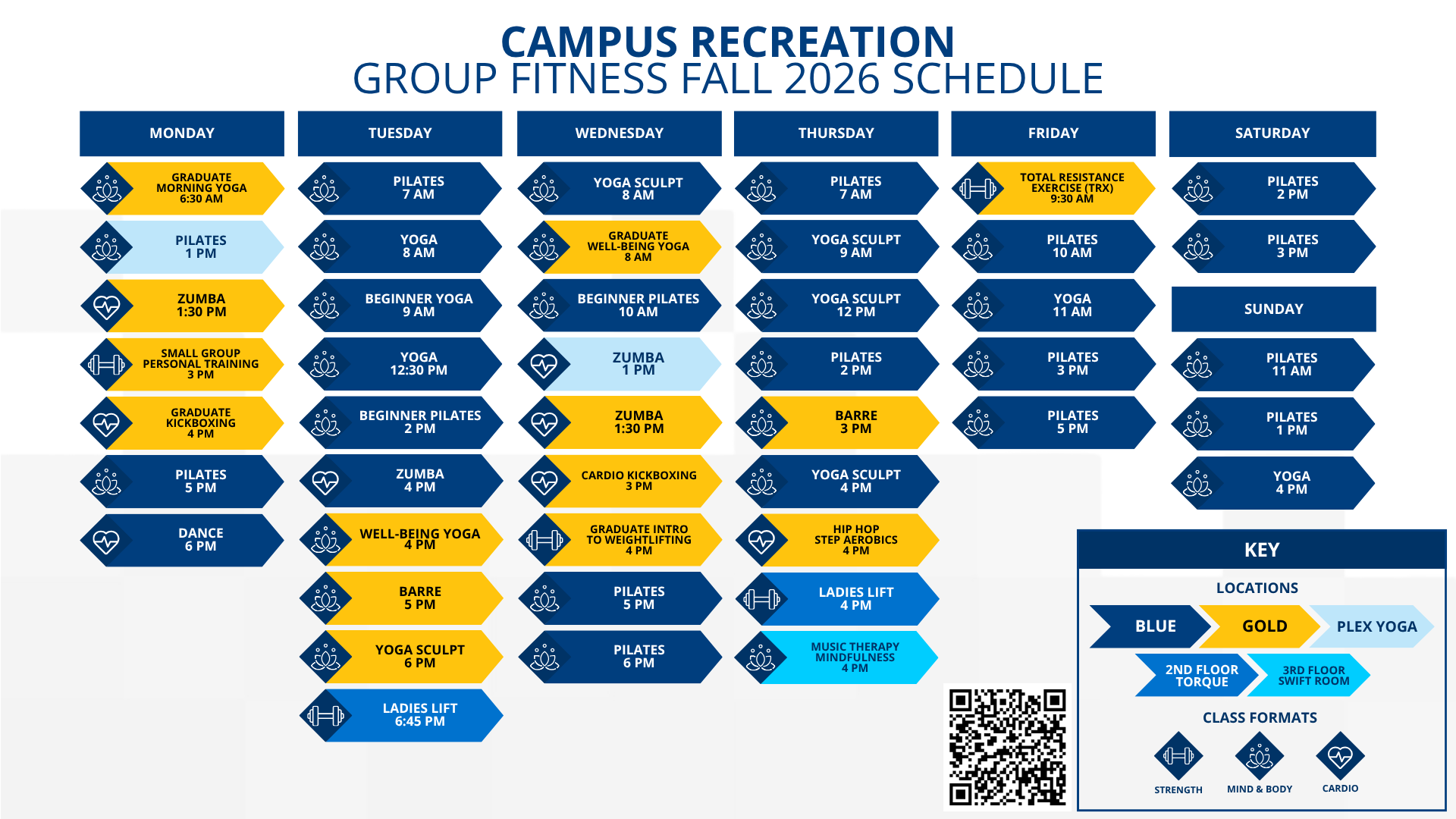 Group fitness schedule for Fall 2026