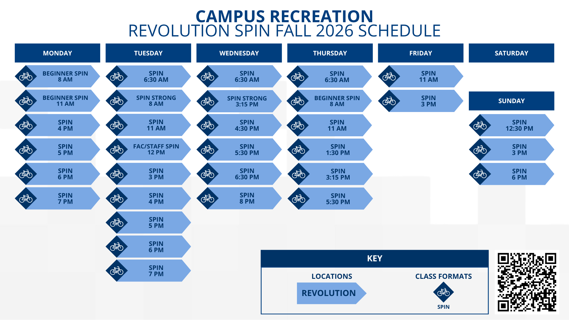 Spin class schedule for Fall 2026