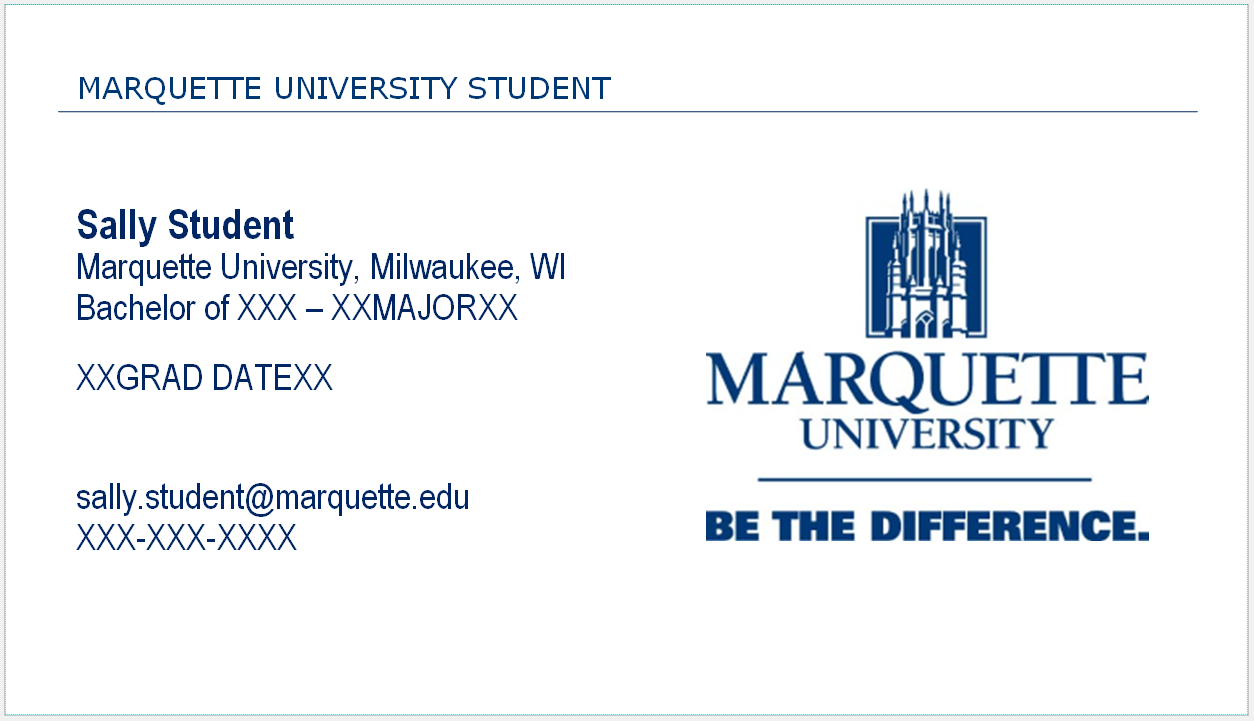 Representation of the business card design available for order with the person's information on the left and Marquette University logo on the right