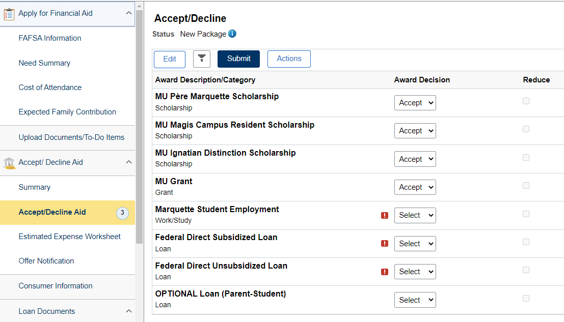 Accept/Decline Financial Aid screenshot