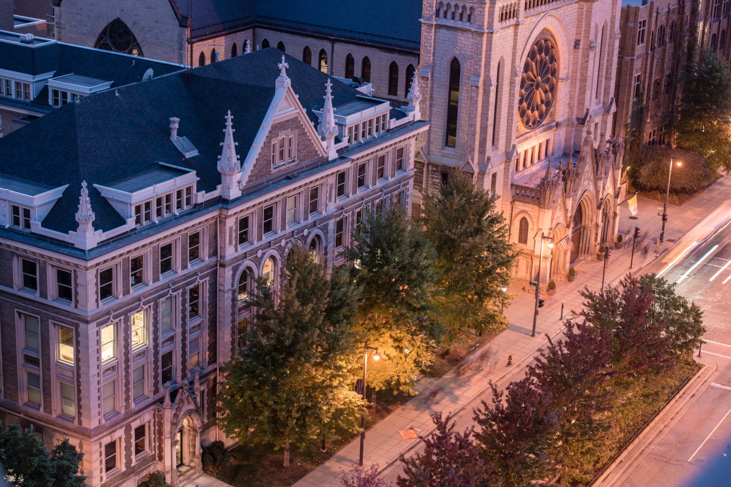 The campus of Marquette University at night.