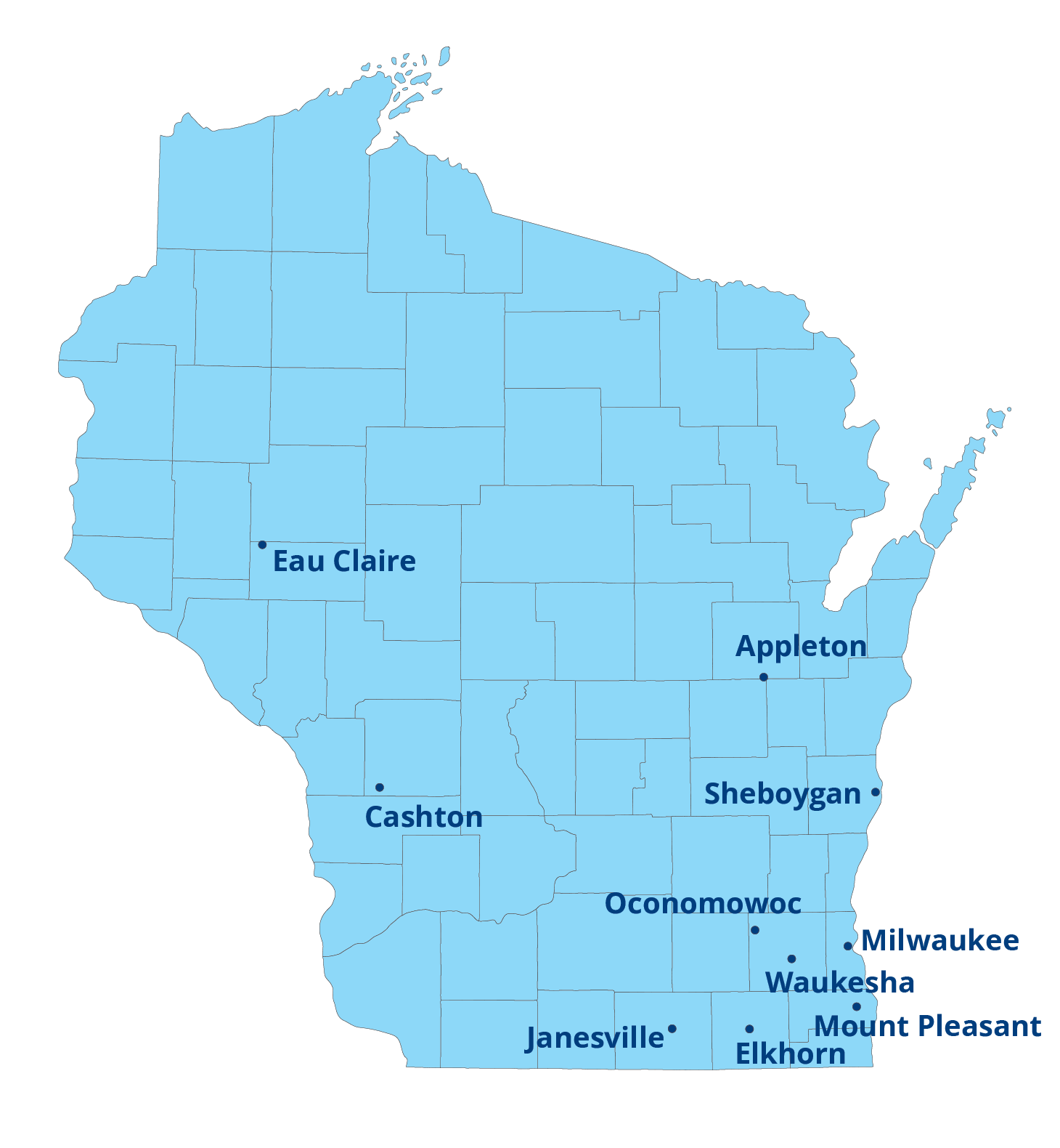 Map of Wisconsin Externship Sites