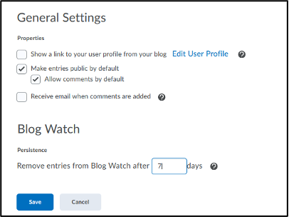 Blog settings menu