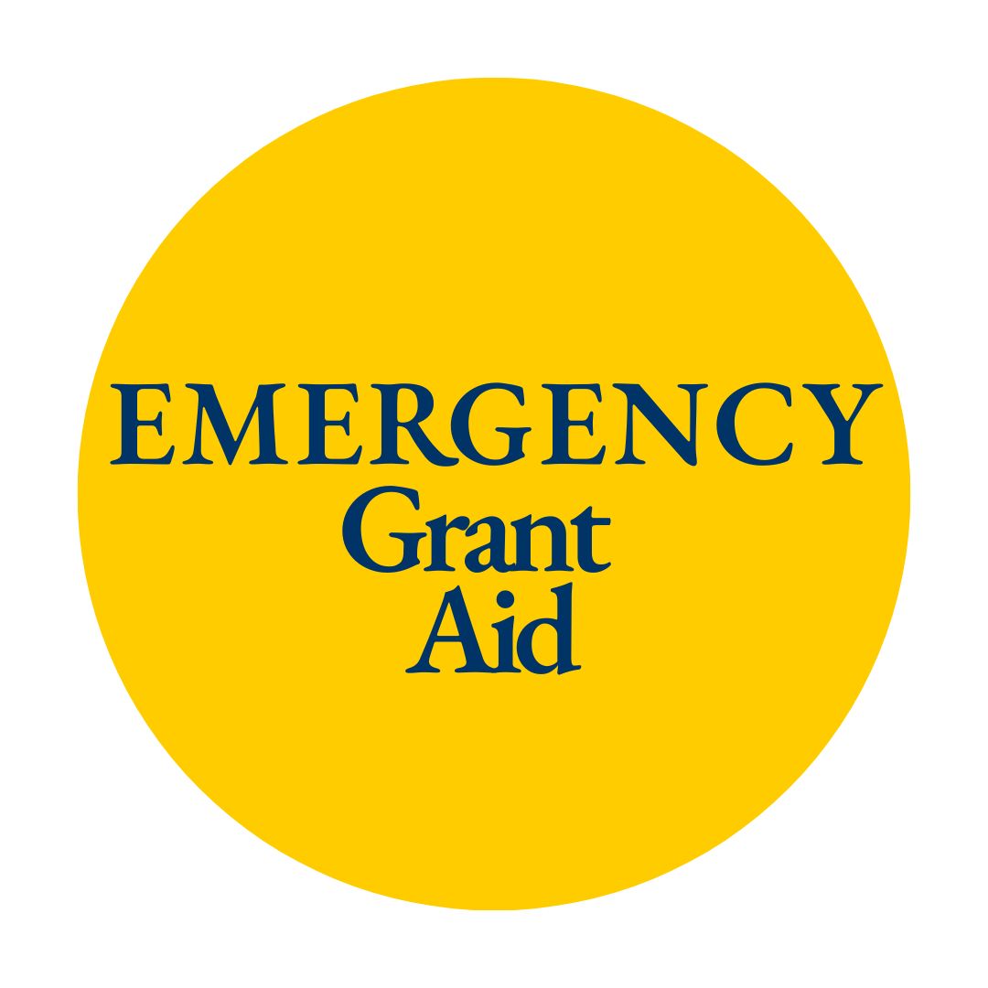 Gold circle with Navy text "Emergency Grant Aid"