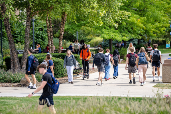 Students walk on campus.