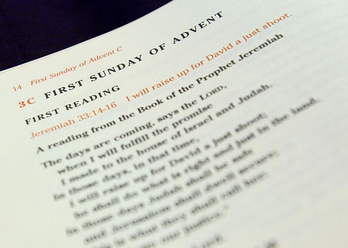 Book turned to page with first reading for First Sunday in Advent