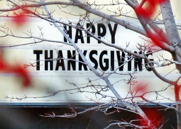 Happy Thankgiving on the marquee of the Varsity Theatre