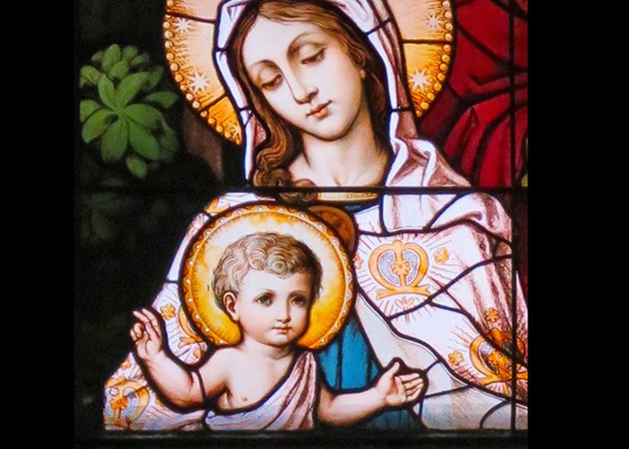 Mary and Jesus depicted in stained glass