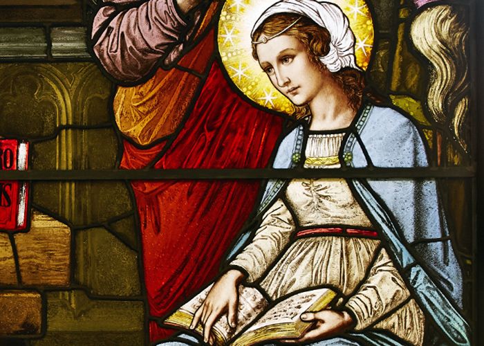 Mary depicted in a stained glass window