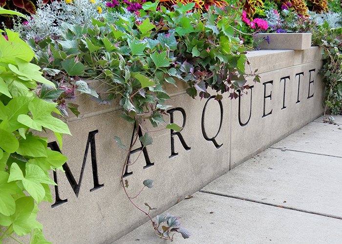 Blooms at the entrance to Marquette University's Central Mall