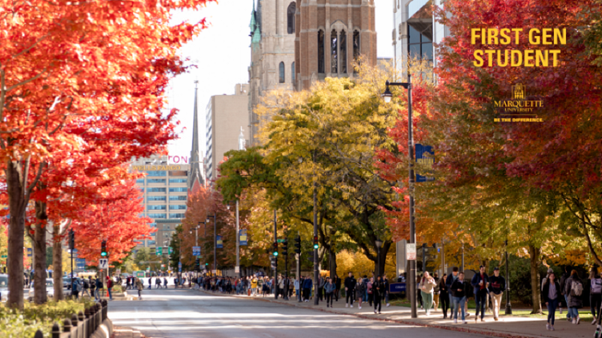 First Gen student background with image of Wisconsin Ave during fall season with students walking.