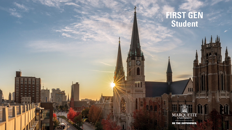 First gen student Teams background with sunrise behind Church of the Gesu.