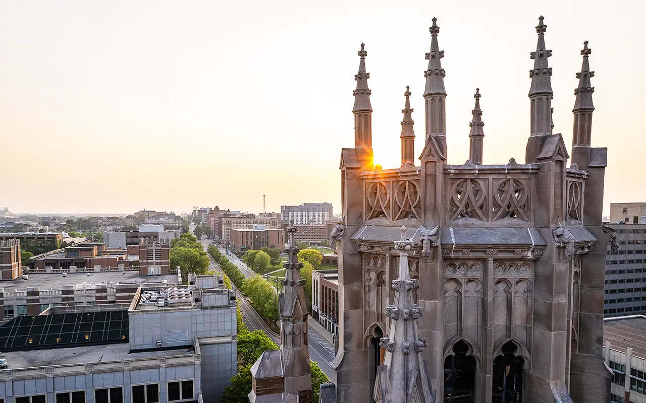Marquette Hall bell tower at sunset