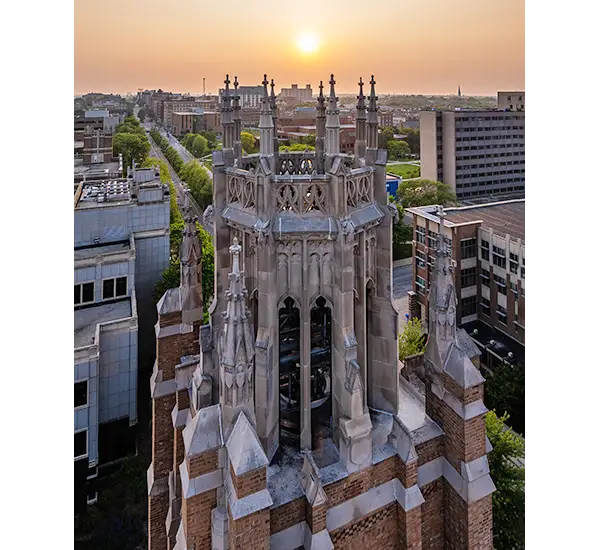 Marquette Hall tower at sunset