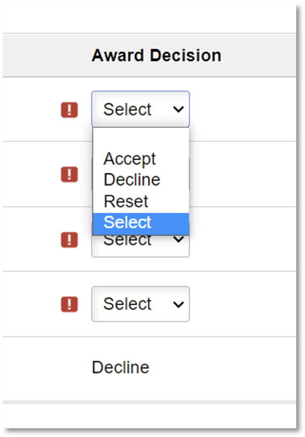 Select Accept or Decline for each offer from drop-down menu