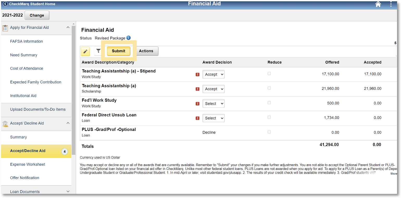 Step 5: Select submit button on upper left of Financial Aid window