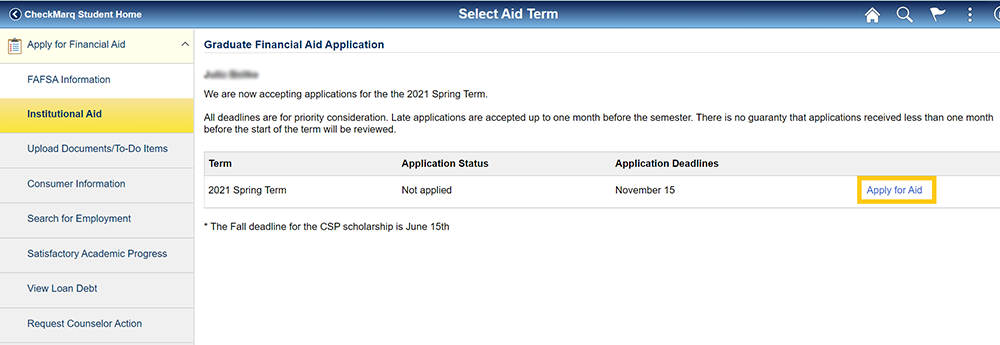 Step 4: Select Institutional Aid (available only to students who are actively enrolled in graduate programs).