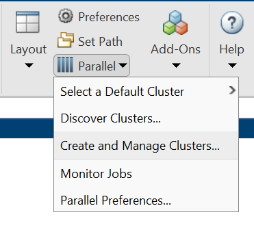 Screenshot of Matlab Create and Manage Clusters menu item location