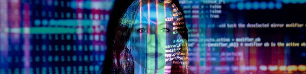 Computer screen projected onto a woman's face