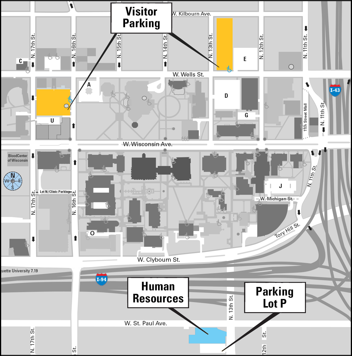 Campus map showing Human Resources location and parking lots