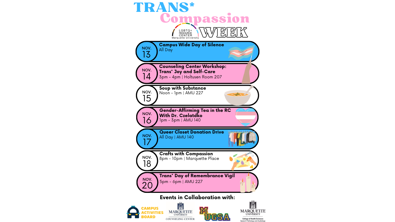 Calendar icon with the list of events for Trans* Compassion Week for November 13th - November 20th during the Fall 2023 semester