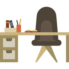Animated image of a student desk and chair with books and writing utensils.