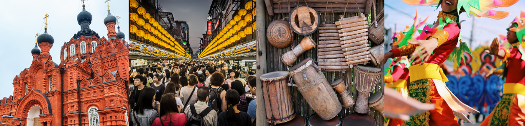 Four images of architecture, people, instruments, and dance from different parts of the world.  