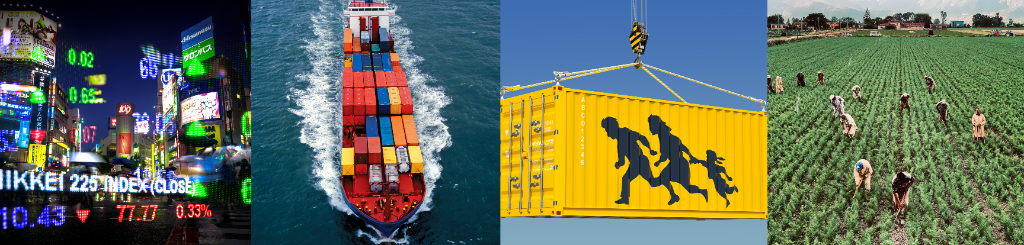Four images representing international political economy; stock market numbers, a cargo ship, human trafficking, and migrant laborers.