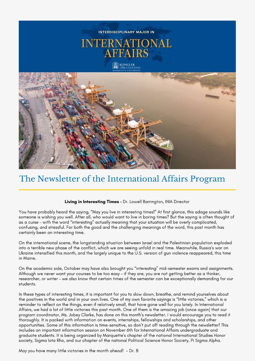 Cover of the INIA Newsletter for the October 2023 edition.