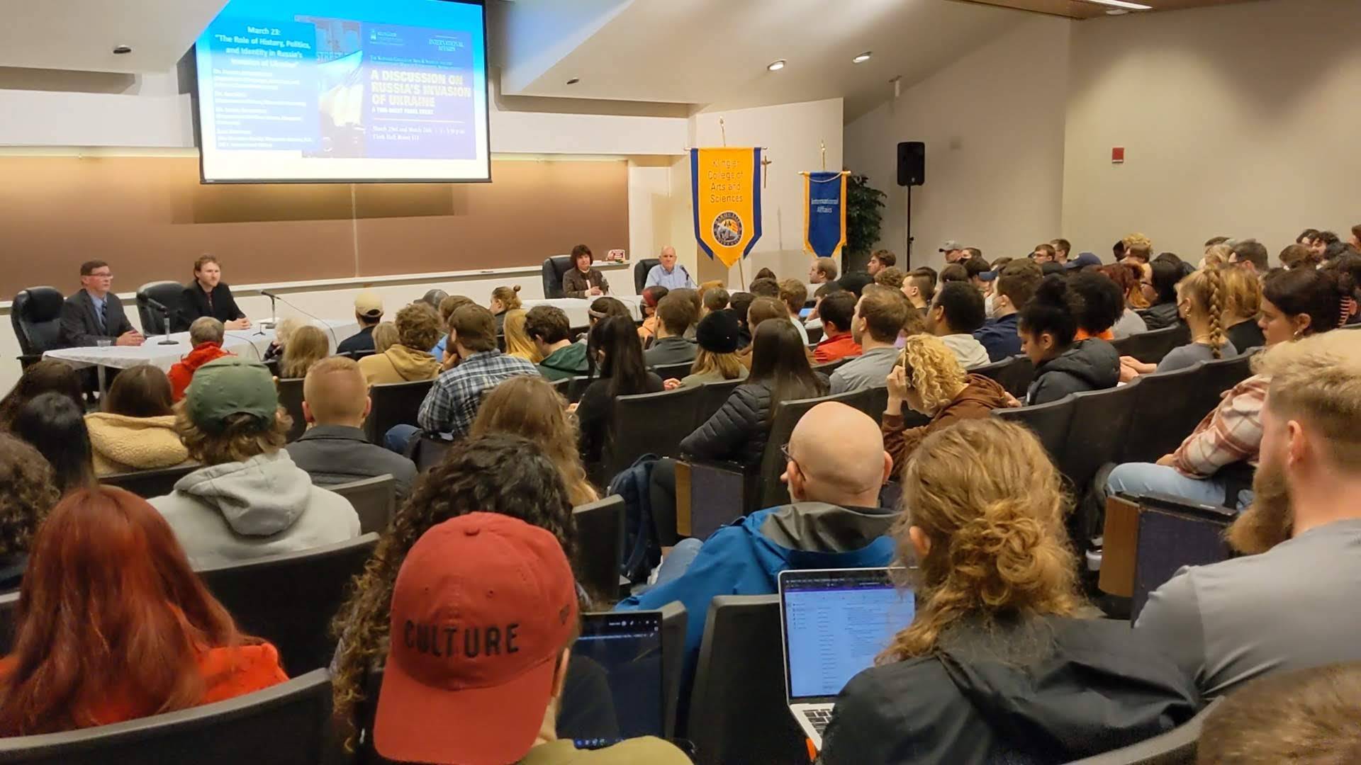 Photo of a packed audience attending the first night of two-night panel discussing Russia's Invasion of Ukraine.
