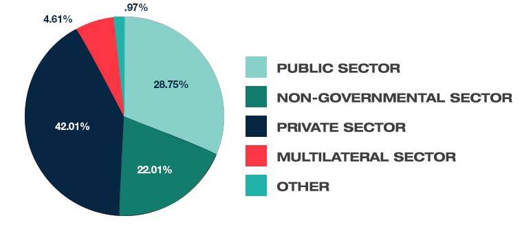 Pie chart detailing 42.01 of graduates work in the private sector, 28.75% work in the public sector, 22.01% work in the non-governmental sector, 4.61% work in the multilateral sector, and .97% work in "other."