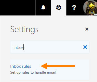 Enter inbox rules in the search box under Settings.