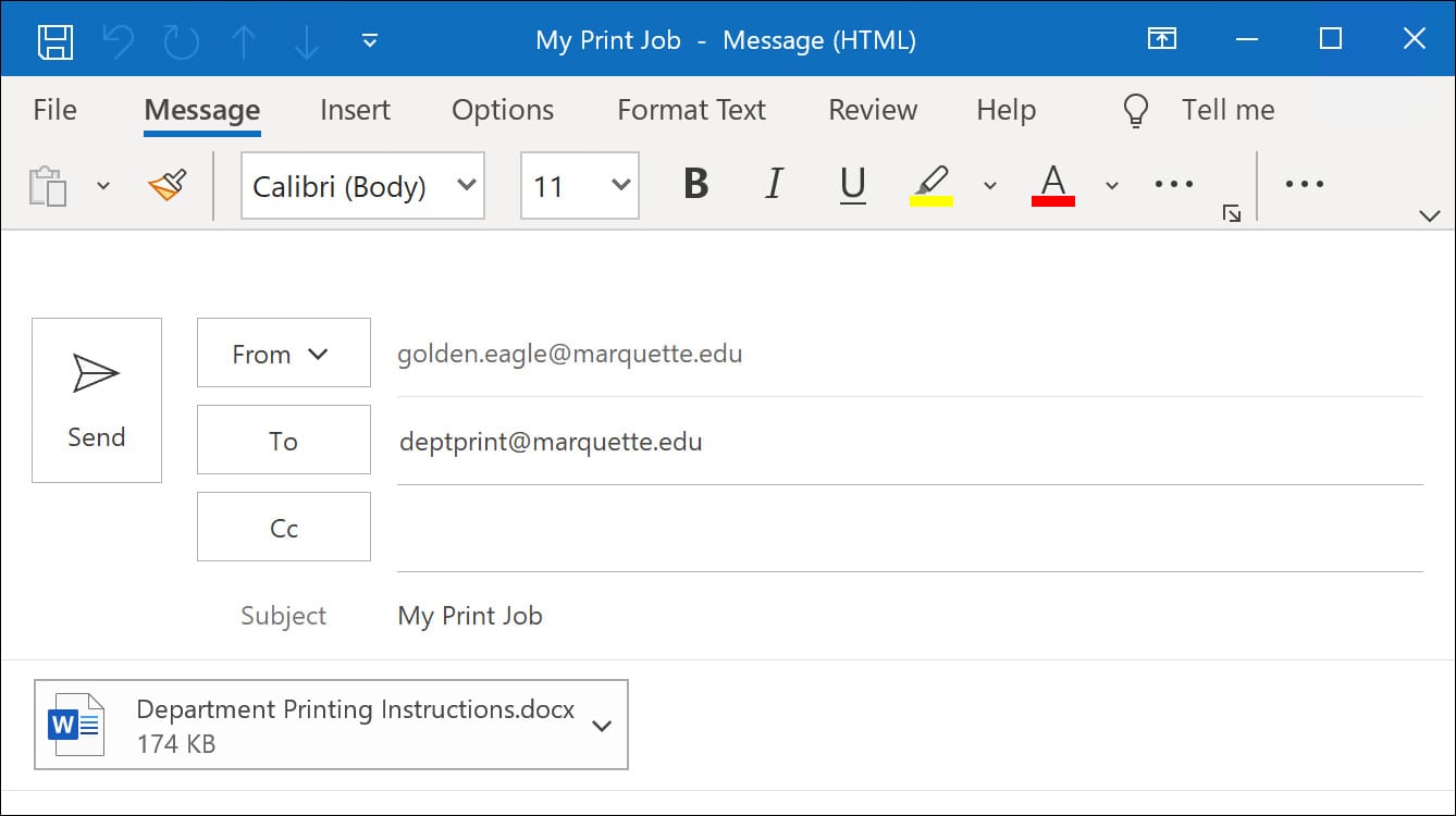 Outlook message with print job attached