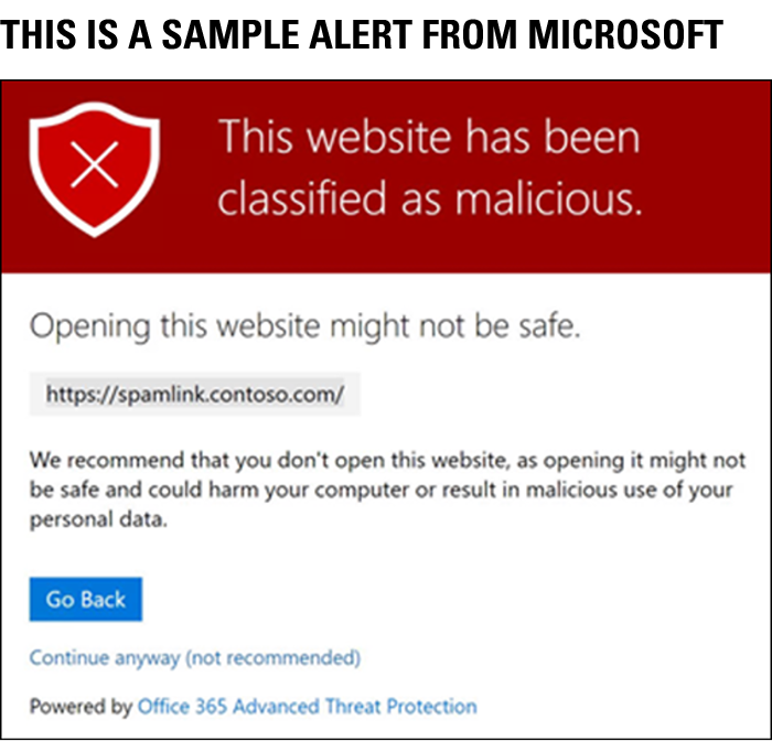 Sample Malicious website warning