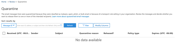 Sample Quarantine management page