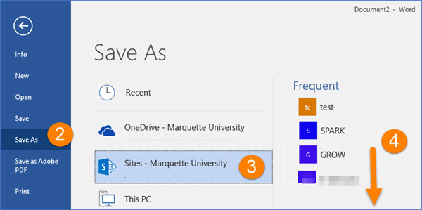 Sites-Marquette University shows under Save As.