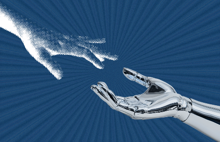 illustration of a bitmapped hand reaching out to a robot hand