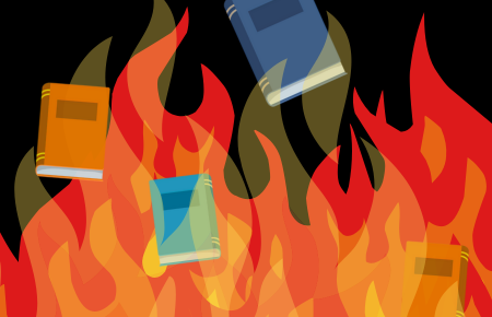 illustration of flames and books