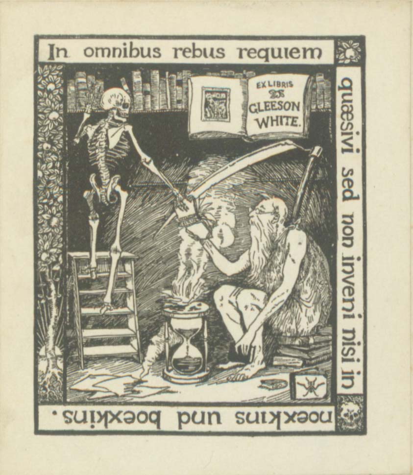 black and white illustration of a thinker imprinted with the name Gleeson White