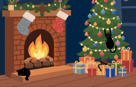 illustration of a fireplace and holiday-decorated tree, with cats